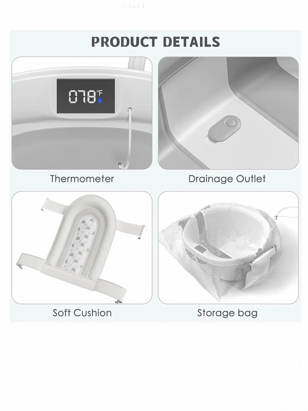 Collapsible Baby👶🏻Bathtub🛁w Cushion Thermometer🌡️& Drain Hole